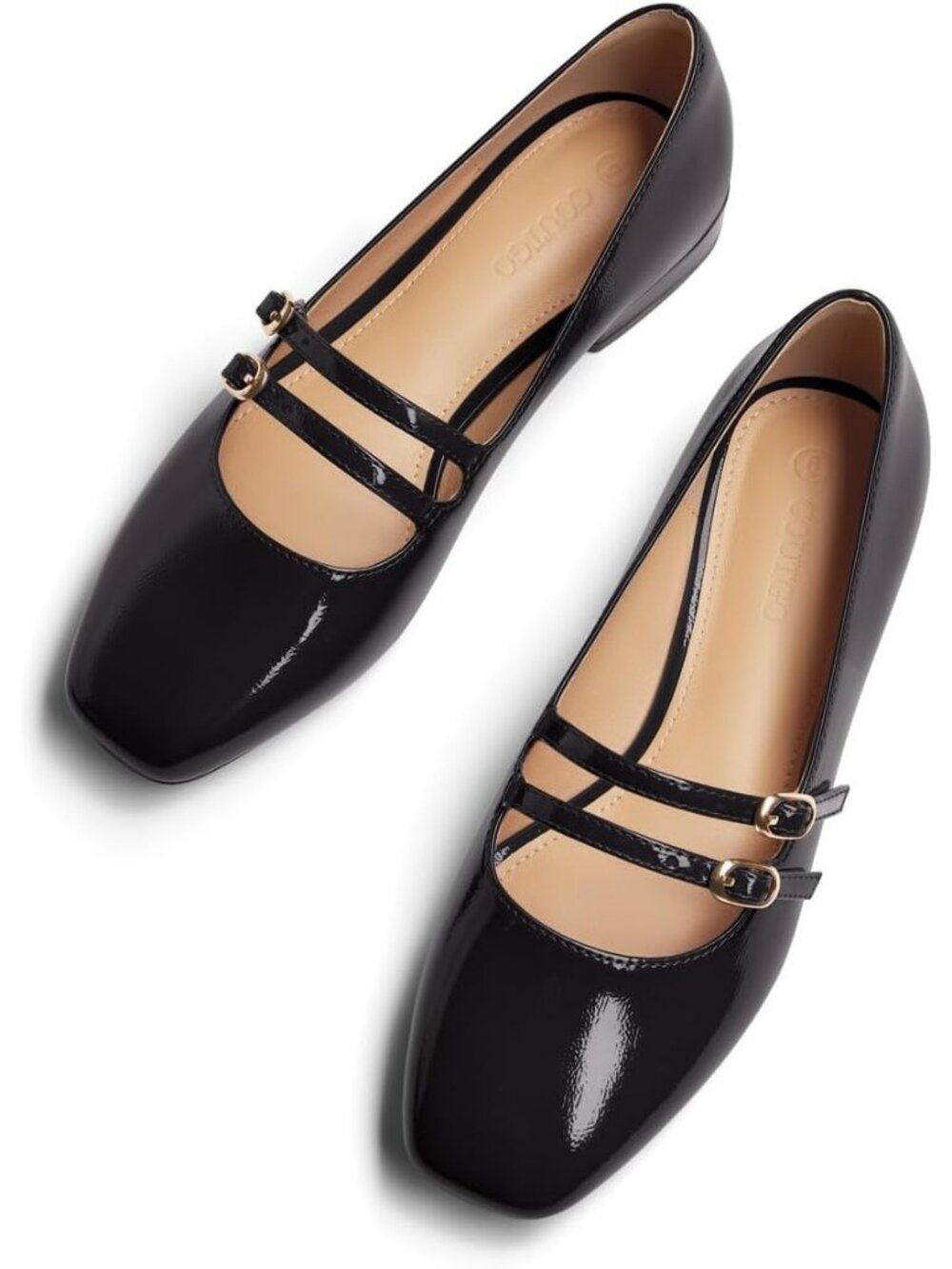 Women's Black Faux Leather Square Toe Double Strap Slip On Dressy Ballet Flats